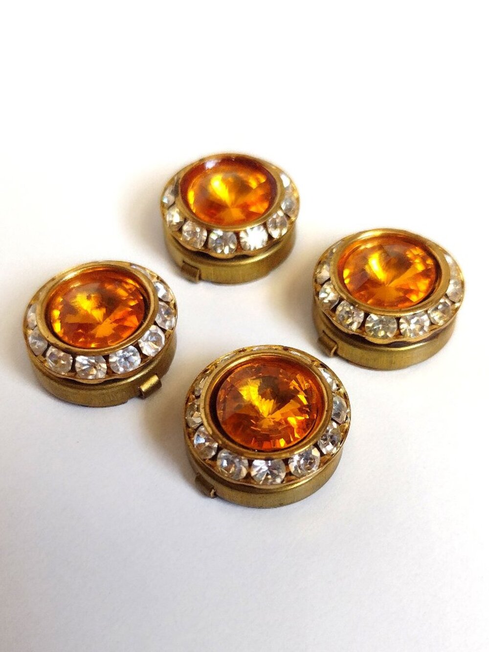 Vintage Metal Button Covers Goldtone Bezel Topaz Orange Clear Rhinestones 0.75"